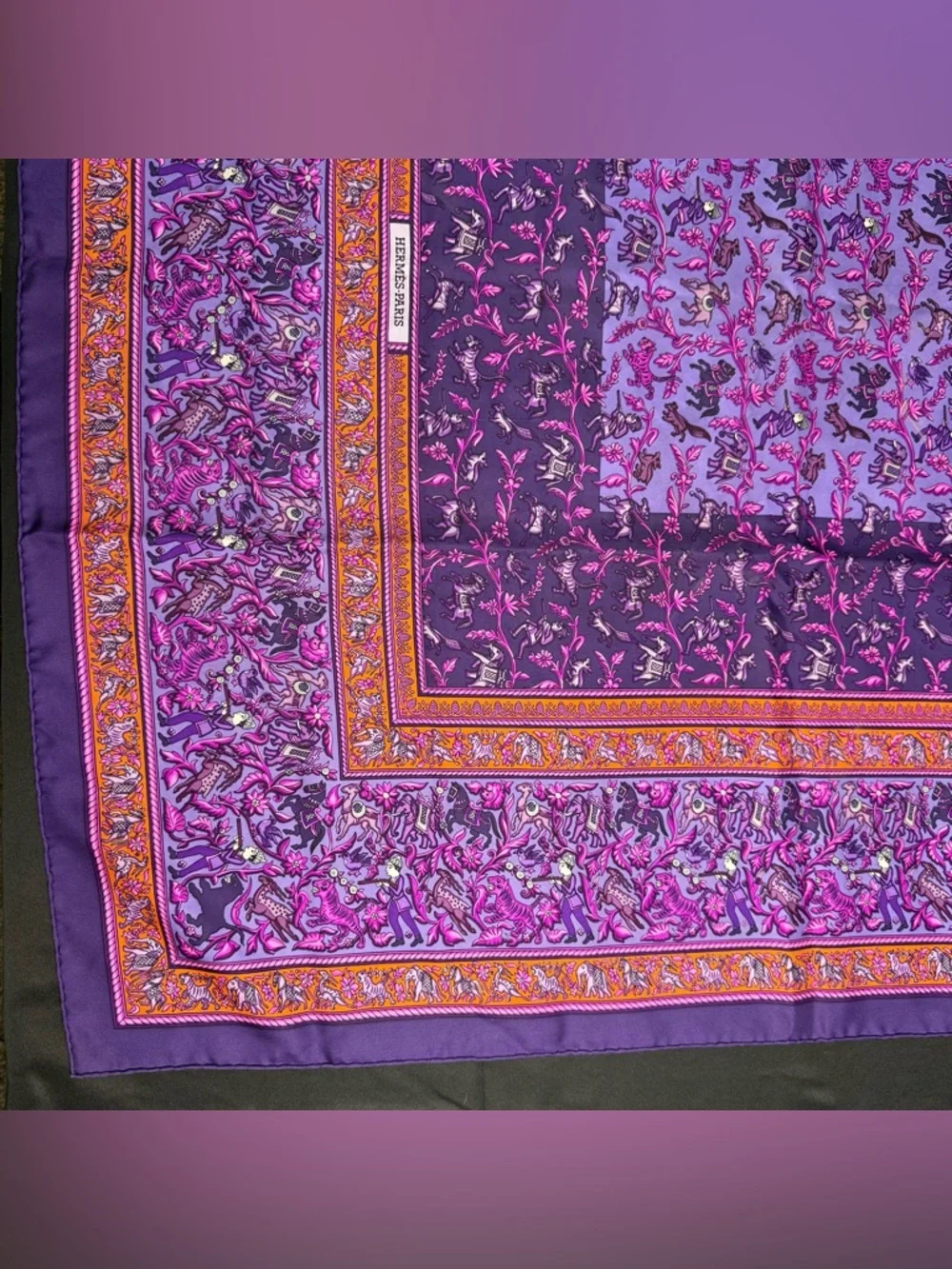 Hermes Silk Scarf Chasse En Inde Purple Orange India Hunter Tiger Elephant Horse - Picture 2 of 12